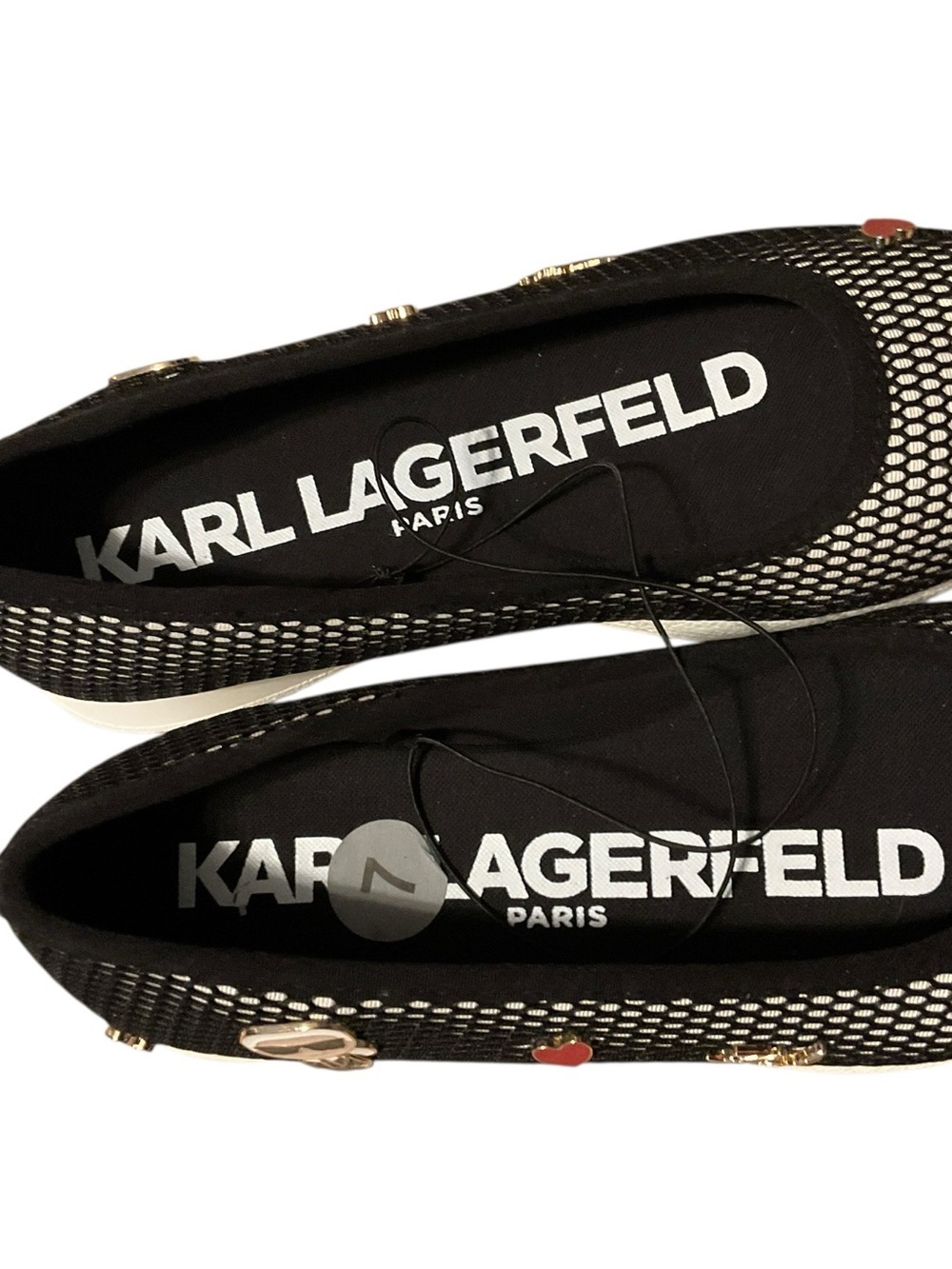 Karl Lagerfeld Black Mesh Slip-On Flats with Red Heart and Gold Accents - Picture 4 of 6